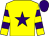 Yellow, purple star, hooped sleeves, purple cap