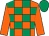 orange, emerald green checks, orange sleeves, emerald green cap