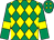 Emerald green and yellow diamonds, emerald green sleeves, yellow armlets and diamonds on cap