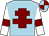 Light blue, maroon cross of lorraine, white sleeves, maroon armlets, light blue and maroon quartered cap