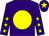 Purple, yellow disc, purple sleeves, yellow stars, purple cap, yellow star