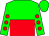 green and red halved horizontally, green sleeves, red spots, green cap