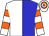 White and blue halved vertically, white sleeves, orange hoops, hooped cap