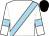 white, light blue sash and armbands, black cap