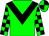 Green body, black chevron, green arms, black checked, green cap, black quartered