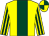 Yellow, dark green stripe, striped sleeves, quartered cap