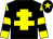 Black body, yellow cross of lorraine, yellow arms, black hooped, black cap, yellow star