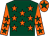 Dark green, orange stars, orange sleeves, dark green stars, orange cap, dark green star