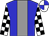 Big-blue body, grey stripe, white arms, black checked, white cap, big-blue quartered