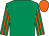 Emerald green, orange striped sleeves, orange cap