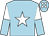 Light blue, white star, white and light blue halved sleeves, light blue cap, white spots