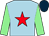 Light blue, red star, light green sleeves, dark blue cap