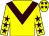 Yellow body, brown chevron, yellow arms, brown stars, yellow cap, brown stars