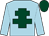 light blue, dark green cross of lorraine, dark green cap