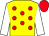 yellow, red spots, white sleeves, red cap