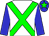 White body, green cross sashes, blue arms, blue cap, green star