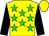 Yellow, green stars, black sleeves, yellow cap