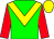 green, yellow chevron, red sleeves, yellow cap