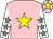 Pink, yellow star, white sleeves, grey stars, pink cap, yellow star