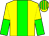 Yellow body, big-green stripe, yellow arms, big-green halved, yellow cap, big-green striped