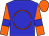 blue, orange circle, blue armbands on orange sleeves, orange cap