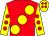 Red body, yellow large spots, yellow arms, red spots, yellow cap, red spots