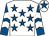 White, royal blue stars, royal blue and white chevrons on sleeves, white cap, royal blue star