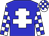 Blue body, white cross of lorraine, white arms, blue checked, white cap, blue checked