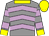 Grey, lilac chevrons, hooped sleeves, yellow collar, cuffs and cap