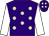 Purple, silver spots, white sleeves, purple cap, silver spots