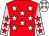 Red, white stars, pink sleeves, red stars, white cap, pink stars