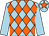 Light blue and orange diamonds, light blue sleeves, light blue cap, orange star