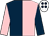 Dark blue and pink halved, sleeves reversed, white cap, dark blue spots