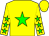 Yellow body, green star, yellow arms, green stars, yellow cap