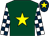 Dark green, yellow star, dark blue and white check sleeves, dark blue cap, yellow star