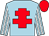 light blue, red cross of lorraine, light blue sleeves, white stripes, red cap