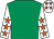 Emerald green, white sleeves, orange stars, white cap, orange stars