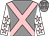 Grey, pink cross sashes, white sleeves, pink stars, grey cap, pink stars