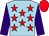 Light blue, red stars, purple sleeves, red cap