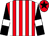 Red and white stripes, black sleeves, white armlets, red cap, black star