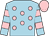 Light blue, pink spots, hooped sleeves, pink cap