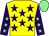 Yellow, purple stars, purple sleeves, light green stars, light green cap