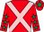 Red, pink cross belts, red sleeves, emerald green stars, red cap, emerald green star