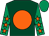 Dark green, orange disc, emerald green sleeves, orange stars, emerald green cap