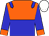 Orange, blue halved horizontally,blue epaulets, blue sleeves, orange cuffs, white cap