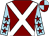 Maroon, white cross belts, light blue sleeves, maroon stars, maroon and light blue quartered cap