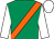 Emerald green, orange sash, white sleeves & cap