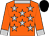 Orange, silver stars, orange sleeves, silver collar and cuffs, black cap