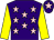 Purple, pink stars, yellow sleeves, purple cap, pink star