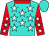 Turquoise, white stars, red collar and sleeves, white stars, turquoise cap